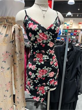 Floral Wrap Bodycon Dress - Black with Pink Rose Print